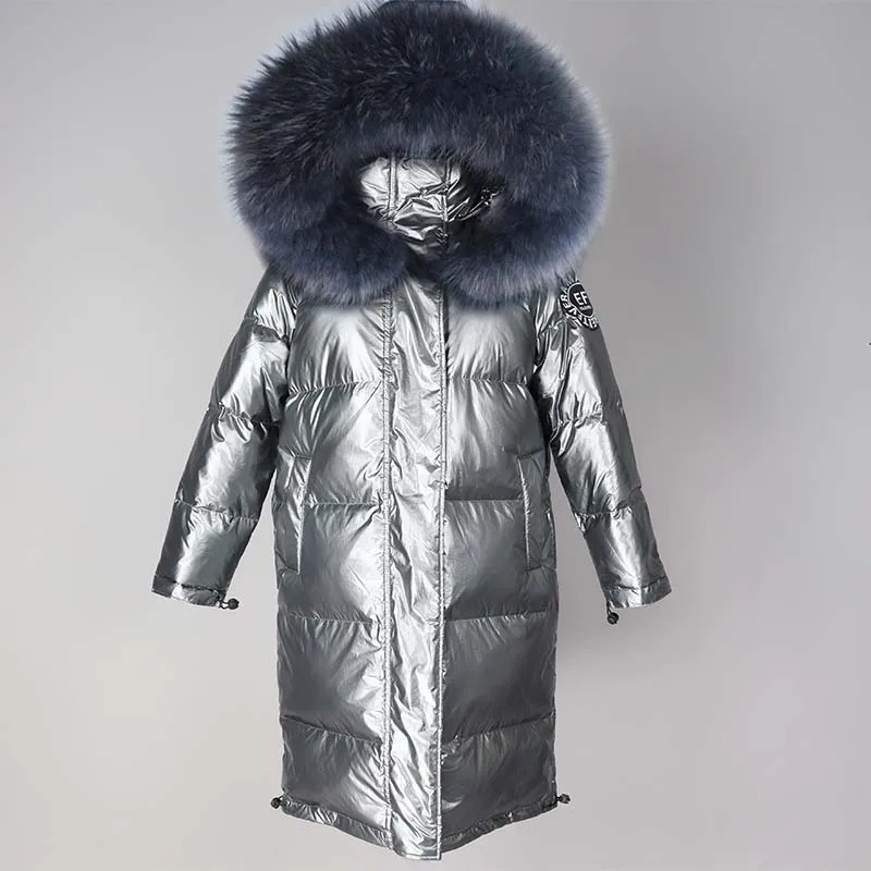 big collar 18-22 Женский зимний пуховик Шикарный Большой натуральный мех теплый ультра светильник длинное пальто Женская парка с капюшоном блестящие куртки большого размера - Цвет: big collar 18-22