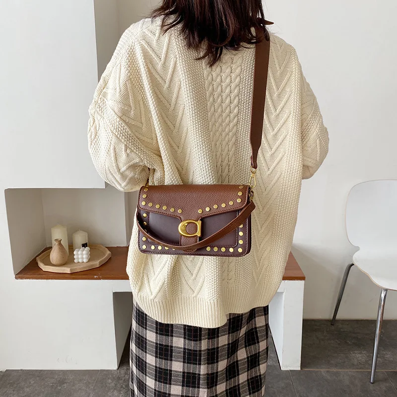 

Retro Hong Kong Style Bag Women's 2019 Autumn And Winter New Style Fashion Broadband Shoulder Bag Versatile Rivet Korean-style S