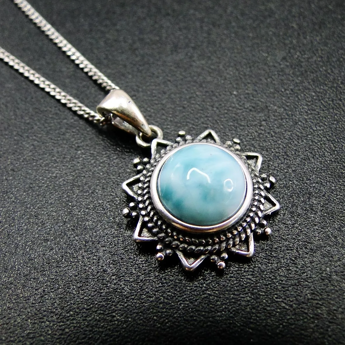 

925 Sterling Silver Antique Plated Round Shaped 8MM Natural Larimar Jewelry Elegance Pendant
