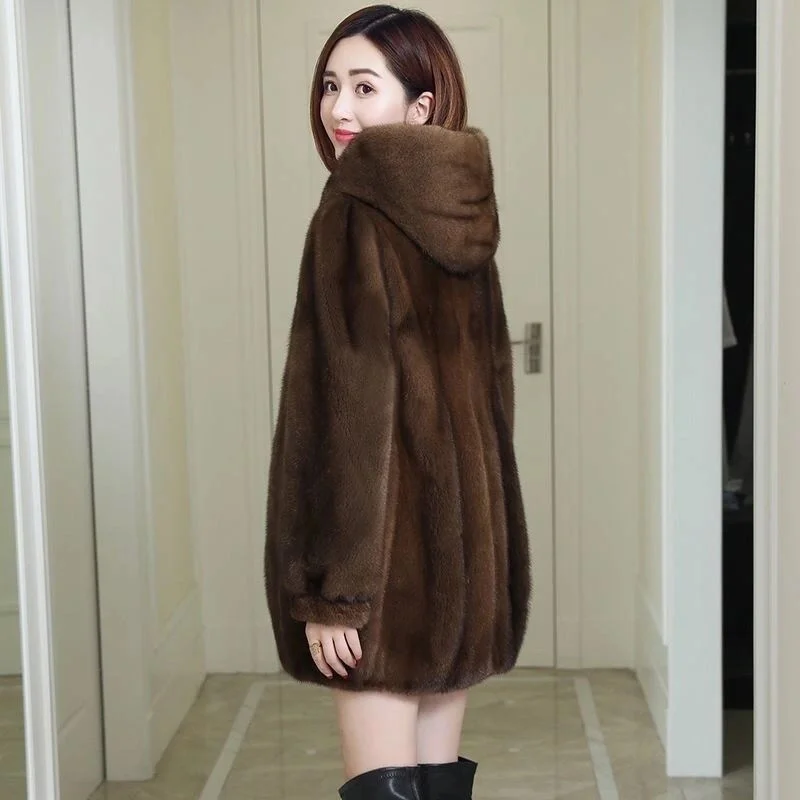2023 New Imitation Mink Fur Loose Hooded Thick Mid-Length Coat Women's Winter Middle-Aged Mother's Winter Coat Mujer Elegant