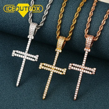 

Fashion Iced Out Cross Punk Nail Pendant Necklace For Women Men's Hip Hop Jewelry Crystal Bling Gold Rose Gold Silver Color Gift