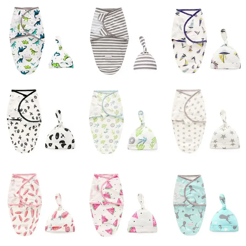 

2 Pcs/set Infants Baby Cotton Wrap Sleeping Bag Hat Set Newborn Cartoon Print Swaddle Cap Gifts