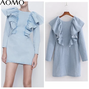 

AOMO fashion women blue denim jeans dress ruffles backless long sleeve ladies vintage short dress vestidos 1D30A