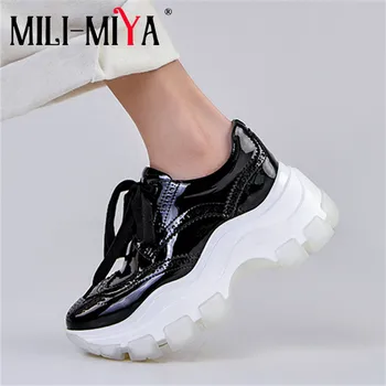 

MILI-MIYA Women Daily Cow Leather Sneakers Increase waterproof Lace Up Round Toe Leisure Vulcanized Shoes Footwear Size 34-39