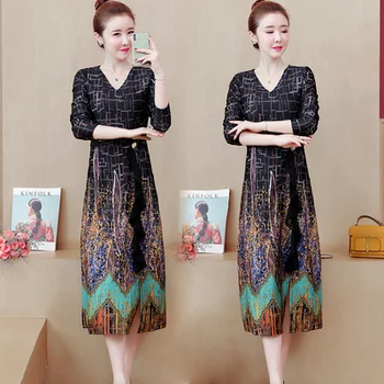 

Spring Autumn Women Temperament Straight Vintage V-neck Spit Print Long Dress Ladies Dresses Vestidos Elegantes Women Clothes