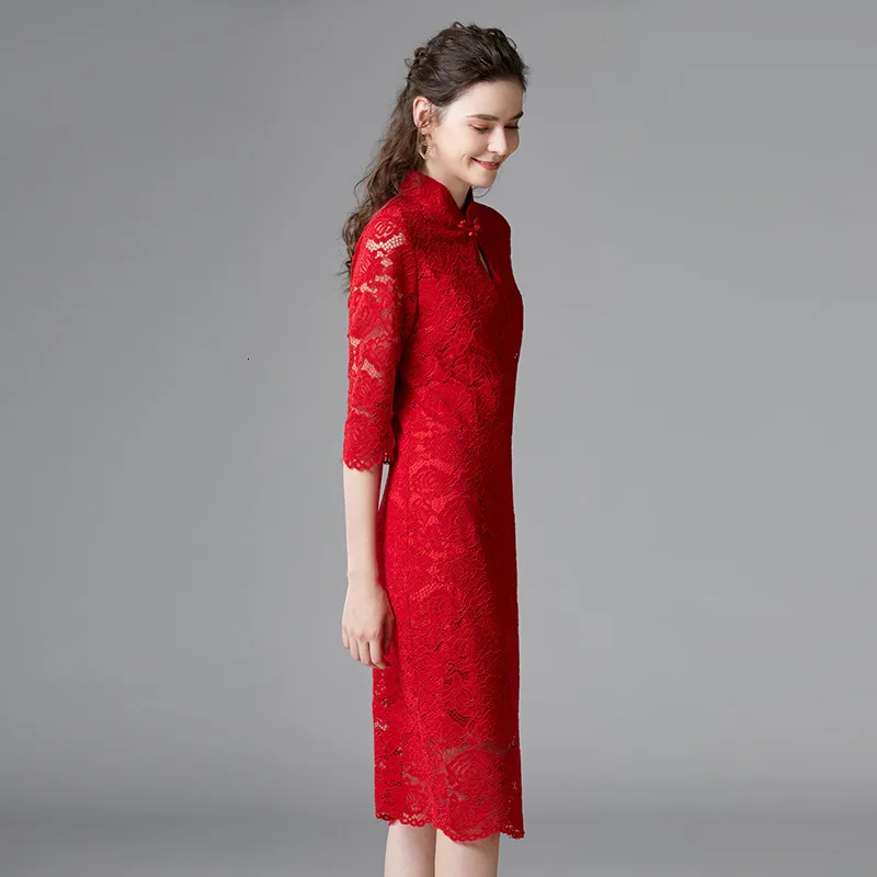 Новинка, Осенние вечерние платья красного цвета, Ретро стиль, Cheongsam, облегающее платье для женщин с рукавом 3/4, облегающие однотонные платья размера плюс, миди Vestidos