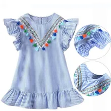 Летнее платье для маленьких девочек; платья с кисточками и рукавами-крылышками; милые детские праздничные платья в полоску; платье принцессы для девочек; топы; одежда