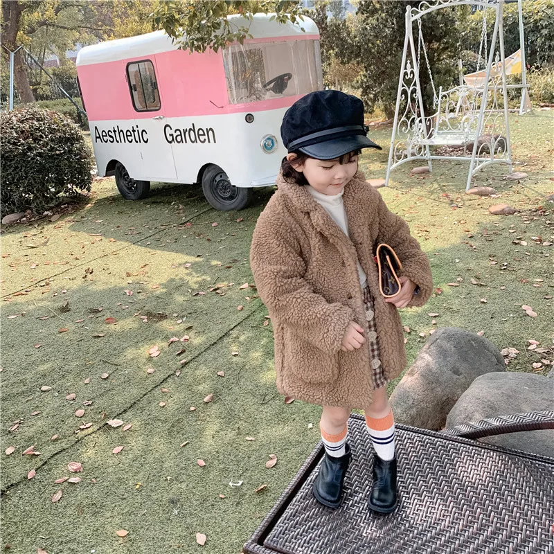 

Girls Fold-down Collar Plush Velvet Jacket 2020 Children Winter New Style Brushed And Thick Warm Mid-length Overcoat Fashion