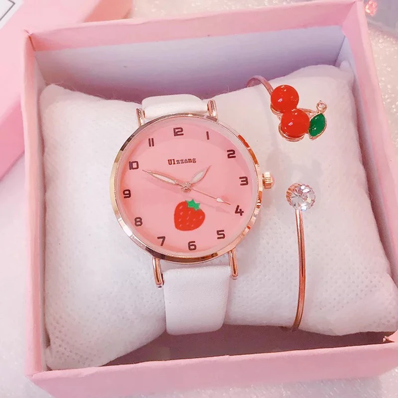 Children Watch Set Cute Strawberry Watches With Cherry Bracelet Casual Quartz Clock Girl Birthday Gift Students School Present afbeelding