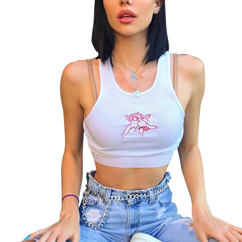 

Women Lovely Crop Tank Tops Casual Solid Embroidery Top Female High Street White Sleeveless Short Vest Women Summer Tops 2019