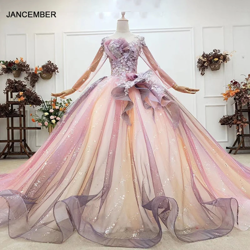 

HTL1792 Color Gradient Appliques Sequined Crystal Quinceanera Dresses 2020 Flowers Long Sleeve Lace Up Back