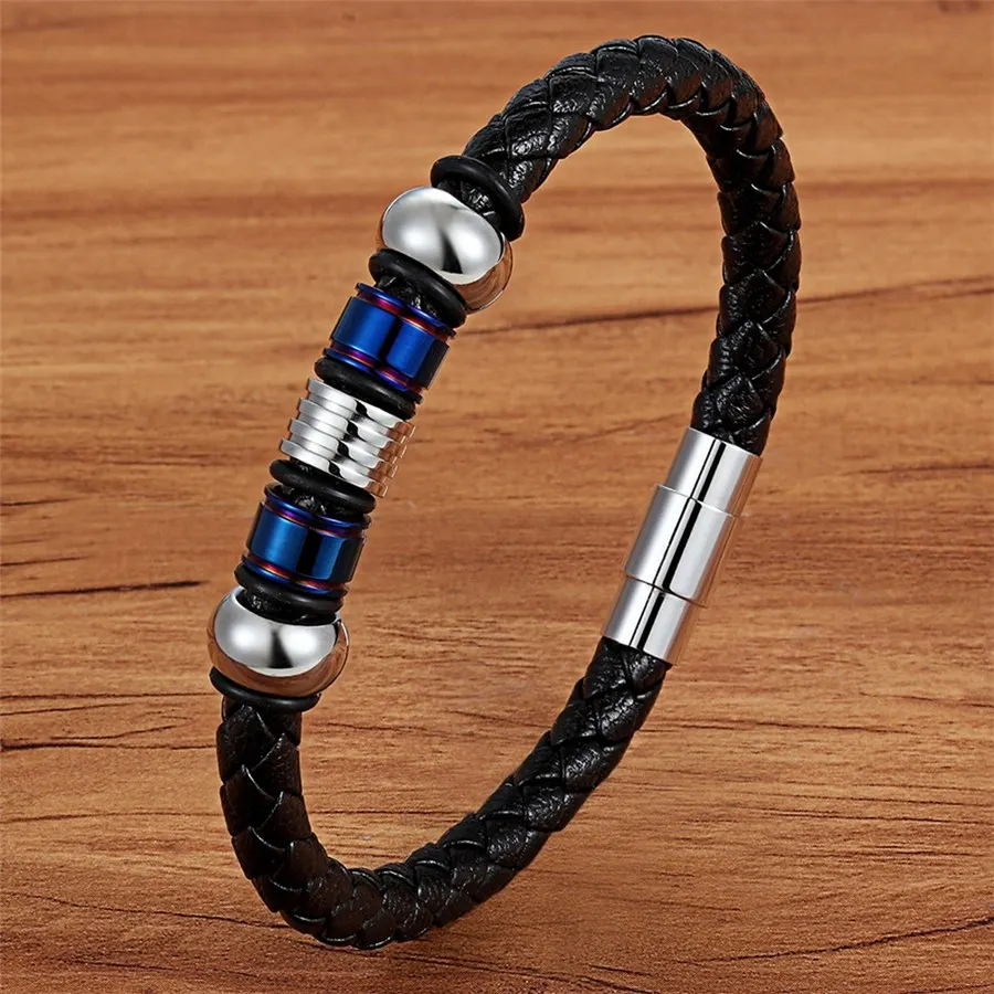 Fashion Stainless Steel Charm Magnetic Black Men Bracelet Leather Genuine Braided Punk Rock Bangles Jewelry Accessories Friend - Окраска металла: BXXG951Blue