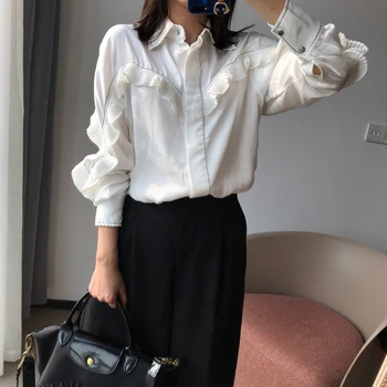 

Women's Blouse Patchwork Turndown Collar Pleated Temperament Ladies Office Long-Sleeved Shirt