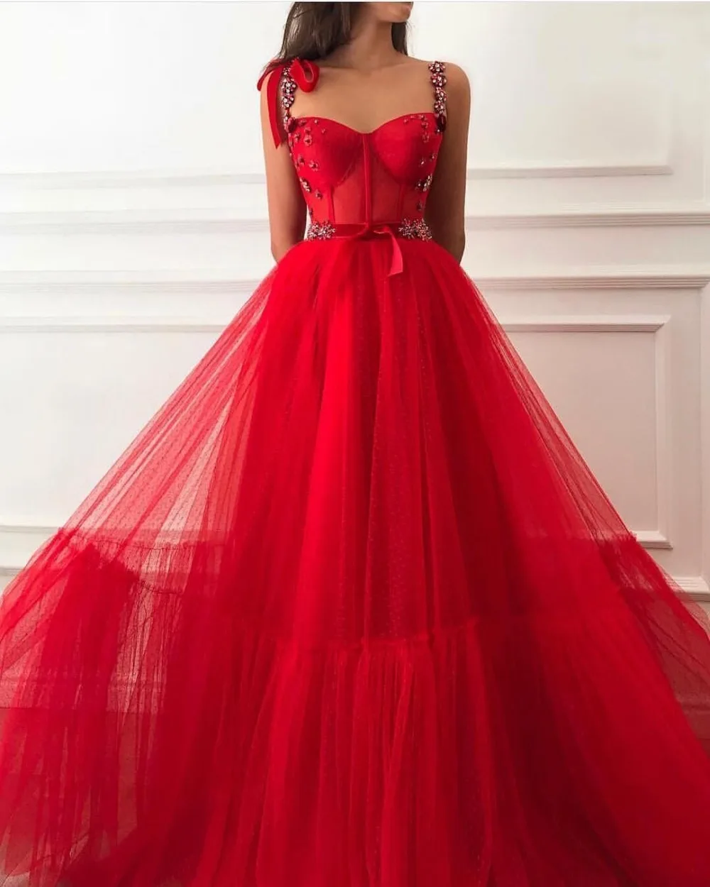

Red Muslim Evening Dresses 2019 A-Line Beaded Straps Sweetheart Tulle Islamic Dubai Saudi Arabic Long Evening Gowns Prom Dress