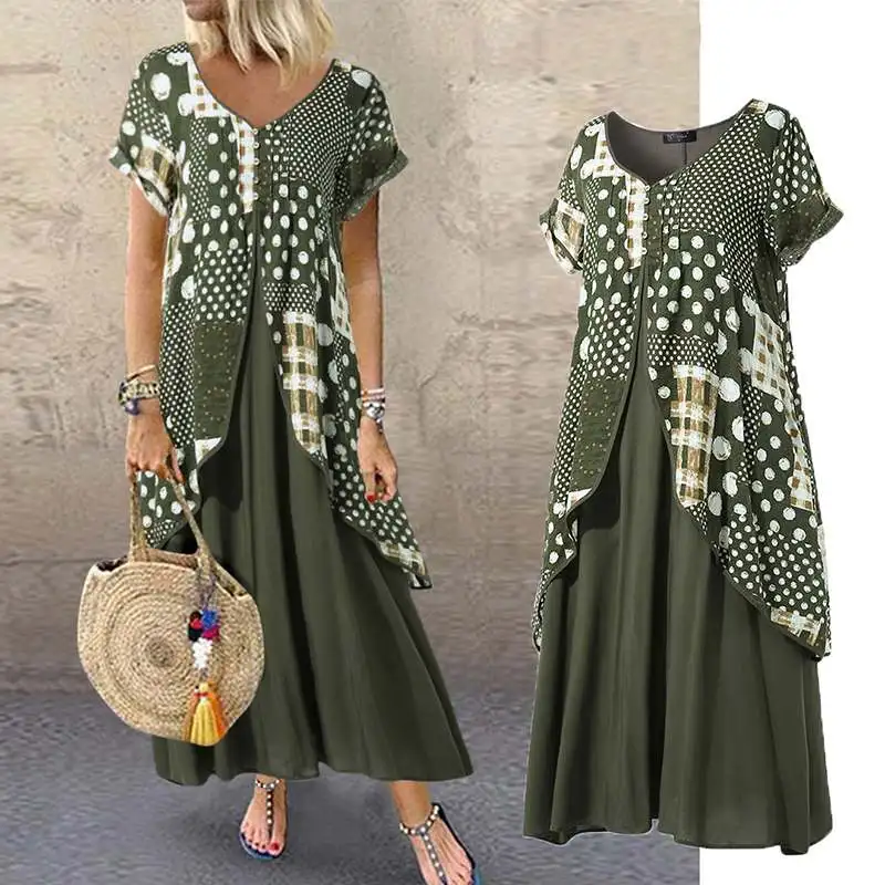 Skup 2020 ZANZEA jesień lato sukienka kobiety Polka Dot nadruk patchworkowy plisowana maxi plus size długa sukienka Sexy V Neck Vestidos Sundress