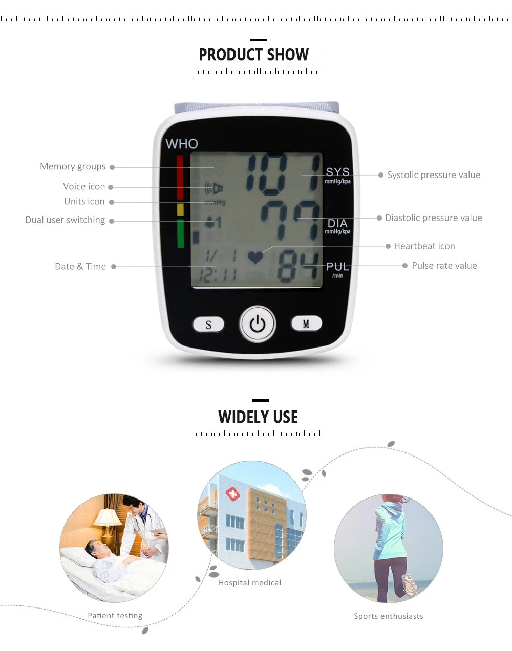 Automatic Voice Wrist Digital Blood Pressure Monitor Tonometer Meter USB Charge Wrist W355 Germany Chip LCD Display_012