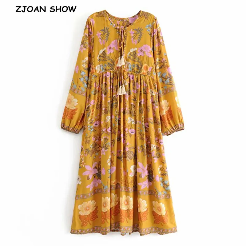 

2019 Bohemia Lacing up V neck Location Floral print Dress Ethnic Woman Long Sleeve Tassel Long Strappy Dresses Holiday 3 Color