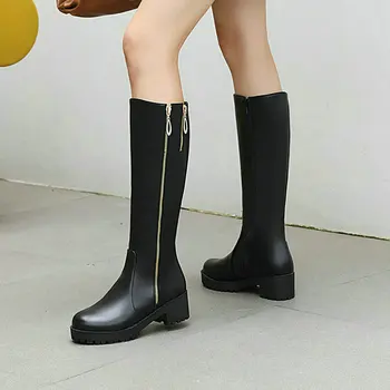 

PU Leather Women Knee High Boots Fashion Platform Square Heel Ladies Motorcycle Boots Side Zipper Women Shoes Big Size 34-43