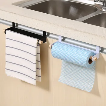 

Kitchen Wood Towel Hanger Rack Bar Cabinet Cling Film Rag Hanging Holder Storage Organizer Toilet Roll Paper Metal Holder Shelf
