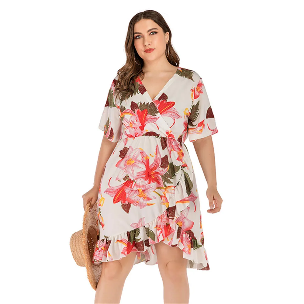 

Floral Print Plus Size V-Neck Loose Dress A-Line Ruffles Stitching Slim Waist Dresses Women Summer Casual Short Sleeve Dress 4XL