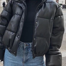 Women's Jacket Coat Parka Faux-Leather Elegant Thick Winter Fashion Black Warm Zipper