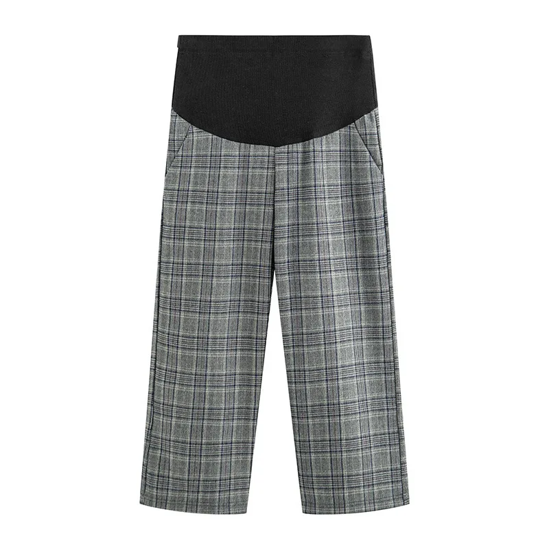 Black gray plaid Клетчатые брюки с высокой талией для беременных женщин; Одежда для беременных; эластичные брюшные Брюки для беременных; удобные брюки для отдыха - Цвет: Black gray plaid