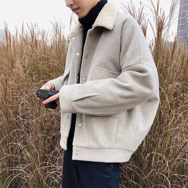 

Winter Short Woolen Coat Men Warm Fashion Overcoat Solid Color Casual Woolen Jacket Man Loose Cotton Jacket Male Clothes M-2XL