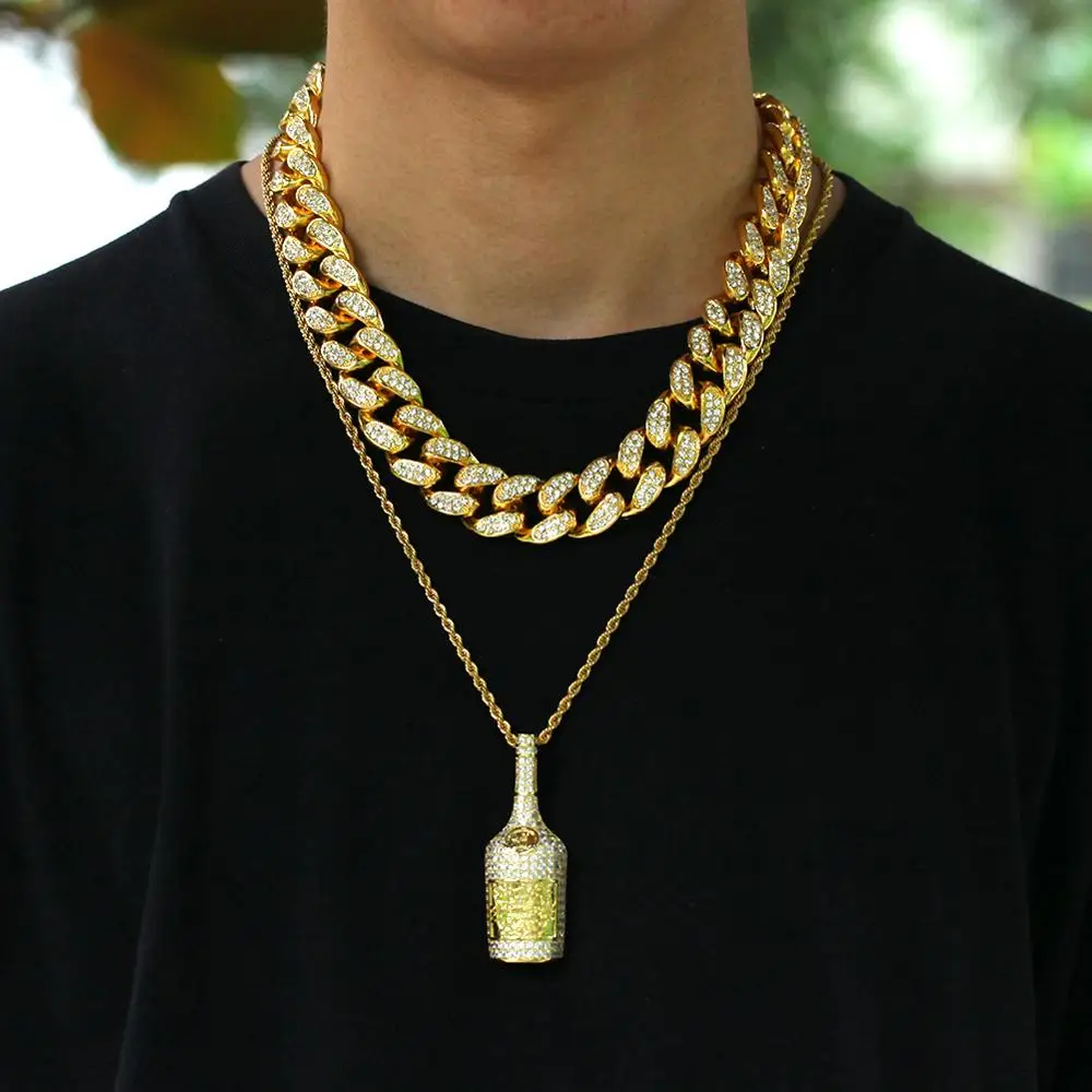 Online 2cm HipHop oro Color helado cristal Miami cubana cadena oro plata collar y pulsera conjunto Venta caliente el HIPHOP KING