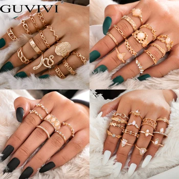 

Bohemian Opal Crystal Rings Set WaterDrop Star Geometric Charm Midi Finger Bands Fashion Gold Color Hollow Circlets For Women