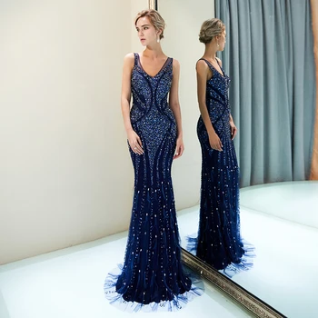 

Sexy Back Long Fishtail Evening Dresses 2020 Vestido de festa longo V Neck Heavy Major Beaded Navy Blue Mermaid Party Dresses