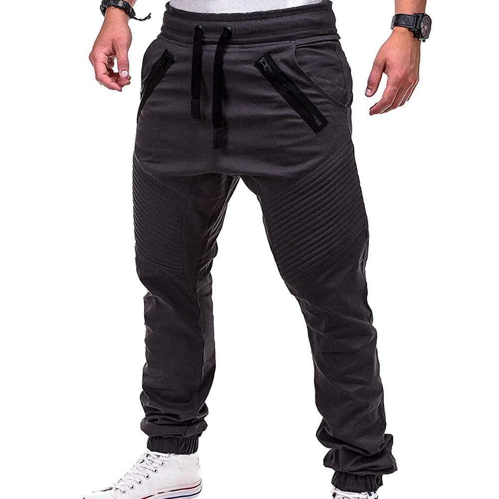 Men Fashion Drawstring Zip Strips Pockets Ankle Tied Long Pants Sports Trousers Drawstring Ankle Joggers Sweat Casual Pants