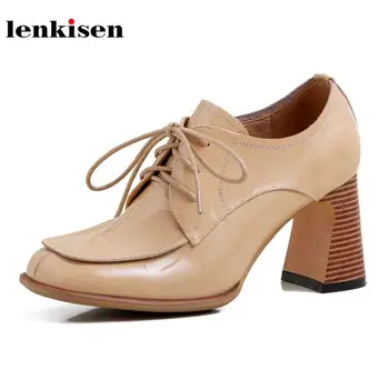 

Lenkisen genuine leather round toe high gingham heels bowtie decorations sweet British school style dress young lady pumps L52