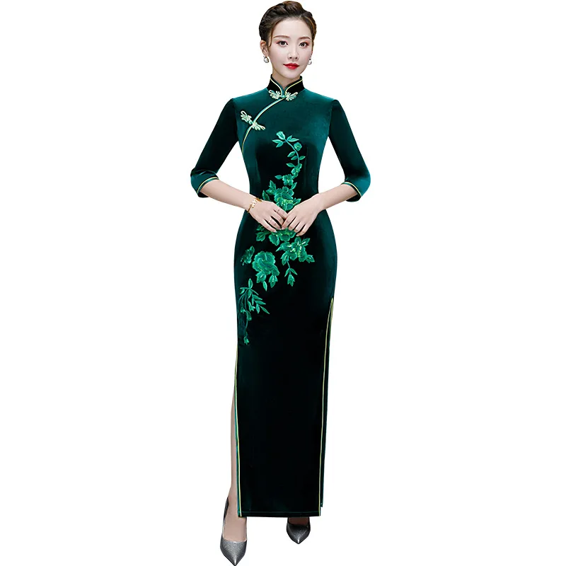 

Plus Size 5XL Chinese Traditional Women Velour Print Flower Qipao Vintage Cheongsam Novelty Chinese Traditional Formal Dress