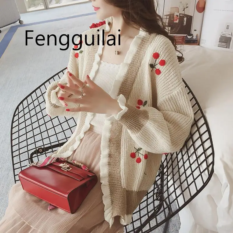 FENGGUILAI, Женский Осенний тонкий свитер, кардиганы размера плюс, милая вишневая вышивка, Kawaii, лоскутный свитер, вязаная одежда для женщин