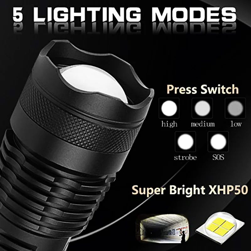 T20 LED Flashlight XHP70.2/XHP50 Powerful LED Torch High Lumens Adjustable Focus USB Rechargeable Handheld Light for Outdoor