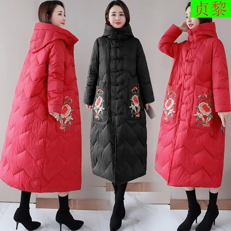 

Chinese-style Embroidered down Jacket 2018 Winter New Style WOMEN'S Dress Ethnic-Style Complex Mid-length over-the-Knee White Du
