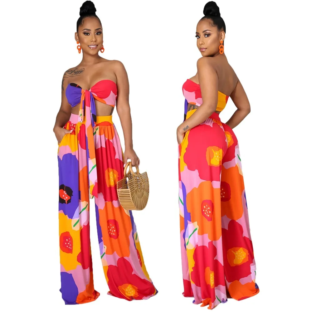 2021 Summer Casual New S-XL Pantsuit Ladies Backless Top + Bust Pants 2 Piece Fashion Print Loose Dashiki Sexy 2 Piece Set