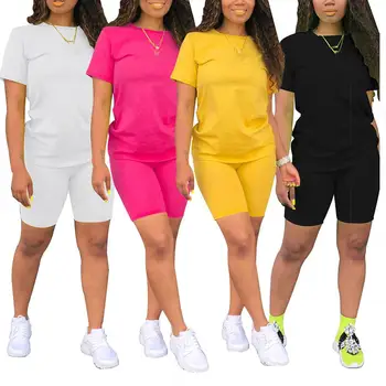

2020 women solid sporting casual two piece set short sleeve tee top above knee pants suit tracksuit outfit Sports Tracksuit