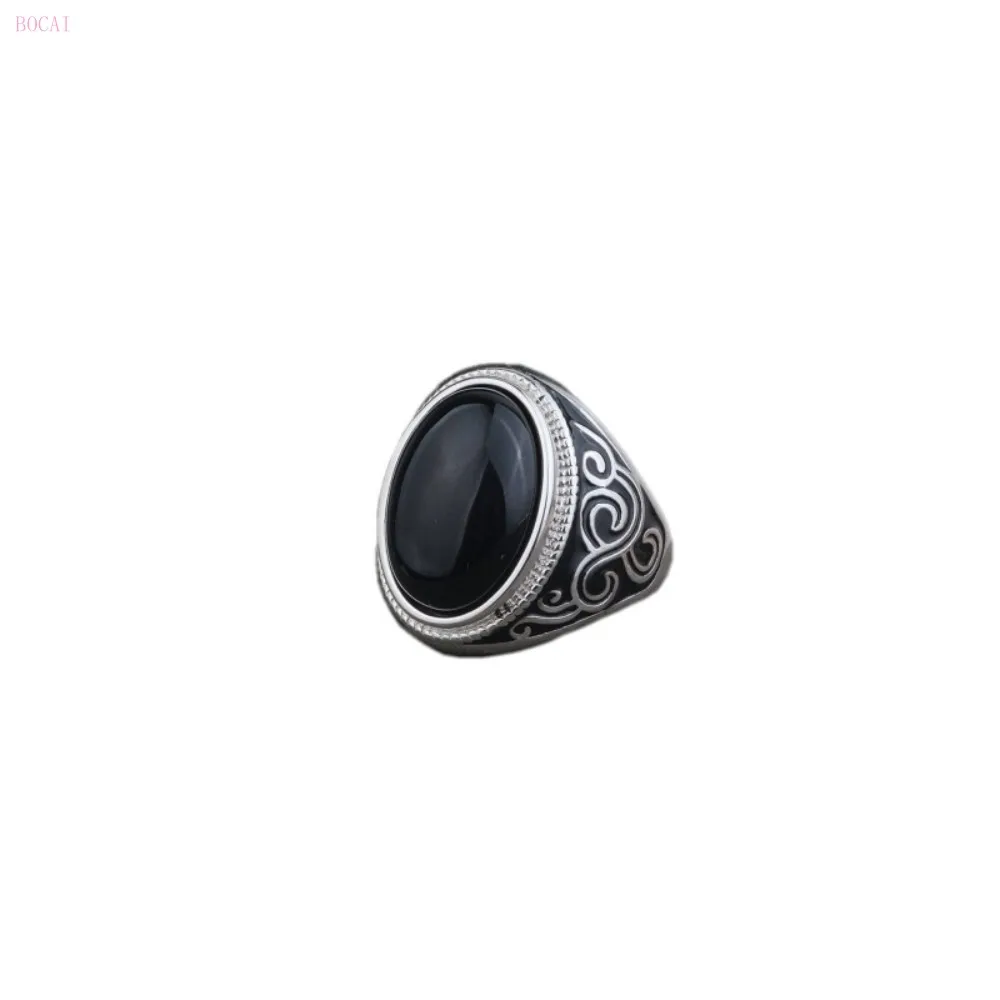 S925 Серебряное кольцо для мужчин, модное, преувеличенное, черный натуральный камень, Открытое кольцо для мужчин и женщин, указательный палец, кольцо для мужчин