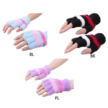 

Women USB Heating Warm Winter Half Finger Gloves Stripes Faux Wool Hand Warmer D08E
