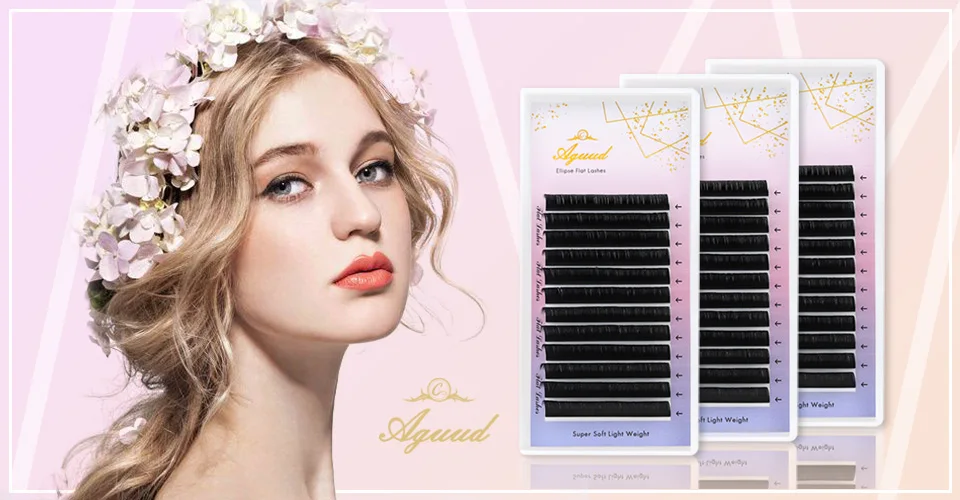 Description Picture 2 of itemAGUUD Ellipse Flat Lashes Extensions Double Split Tip 0.15 0.20 B C CC D DD Super Dark Black Flat Eyelash Extension Makeup Cilia