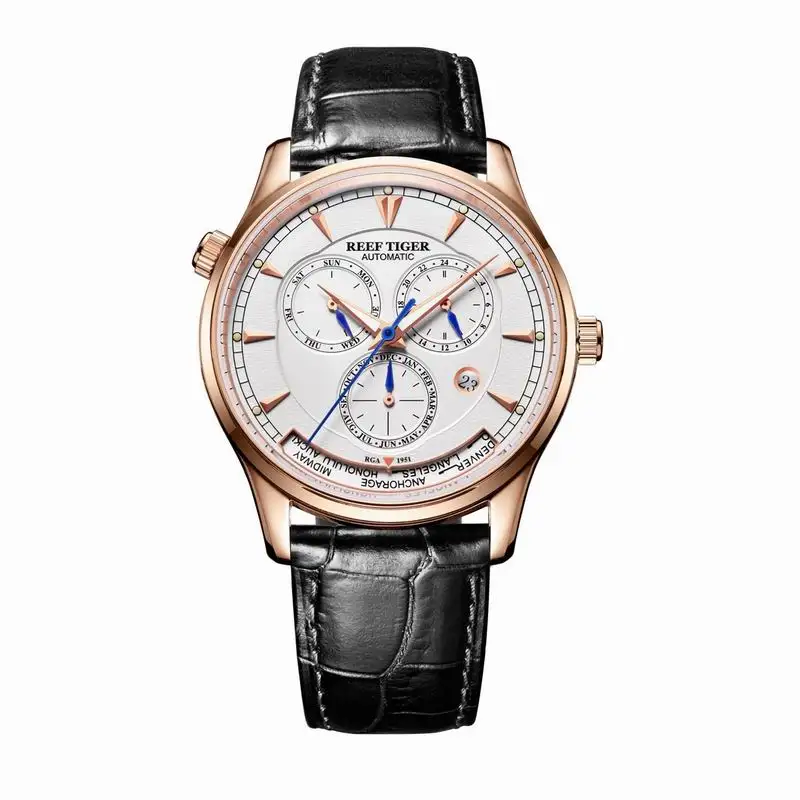Reef Tiger/RT World Time часы с датой день месяц розовое золото кожаный ремешок часы двойное время Мужские автоматические часы RGA1951 - Цвет: RGA1951PWB