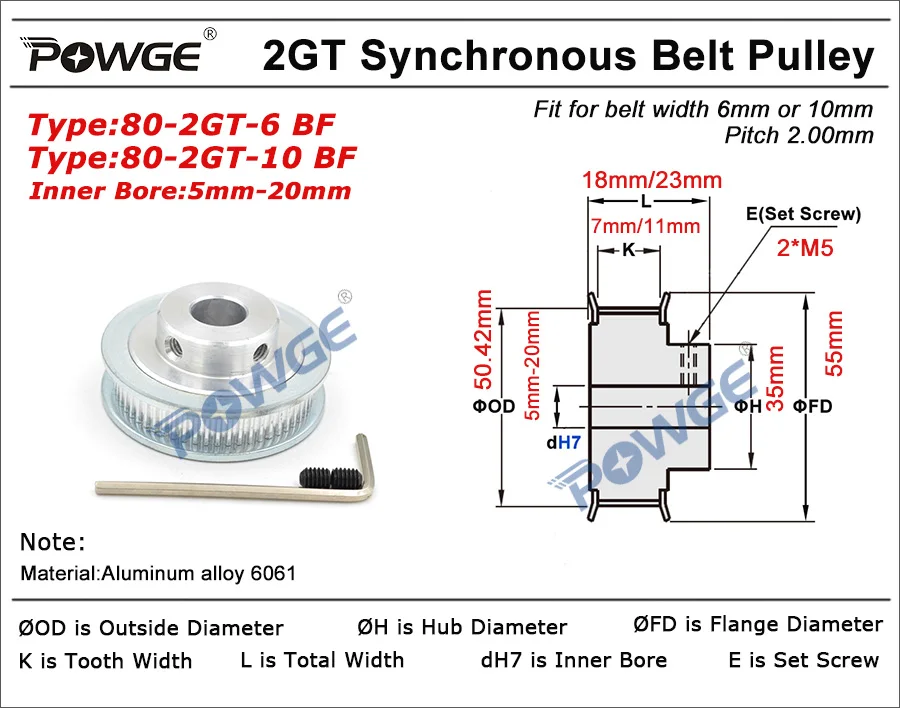 Timing Pulley POWGE 80 Teeth 2GT Timing Pulley Bore 6/6.35/8/10/12/14/15/16/17/19/20mm for GT2 Open Synchronous belt width 6/10mm 80Teeth 80T