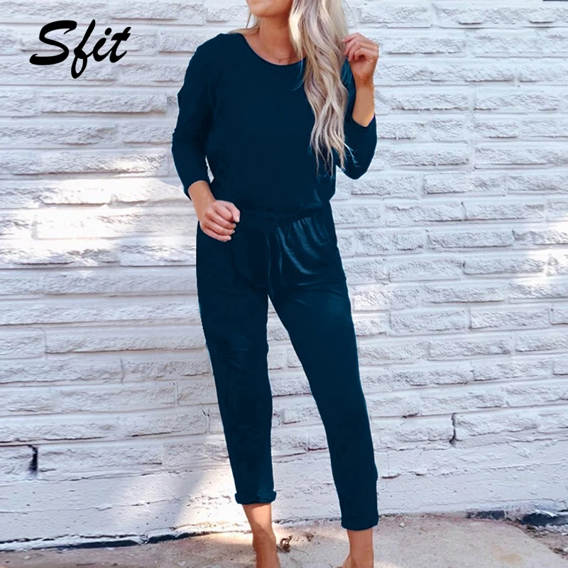 

Sfit 2019 Womens Long Sleeve Jumpsuit for Work Wide Leg Pants Rompers with Elastic Waist Band Solid Color Sportwear Traicksuit