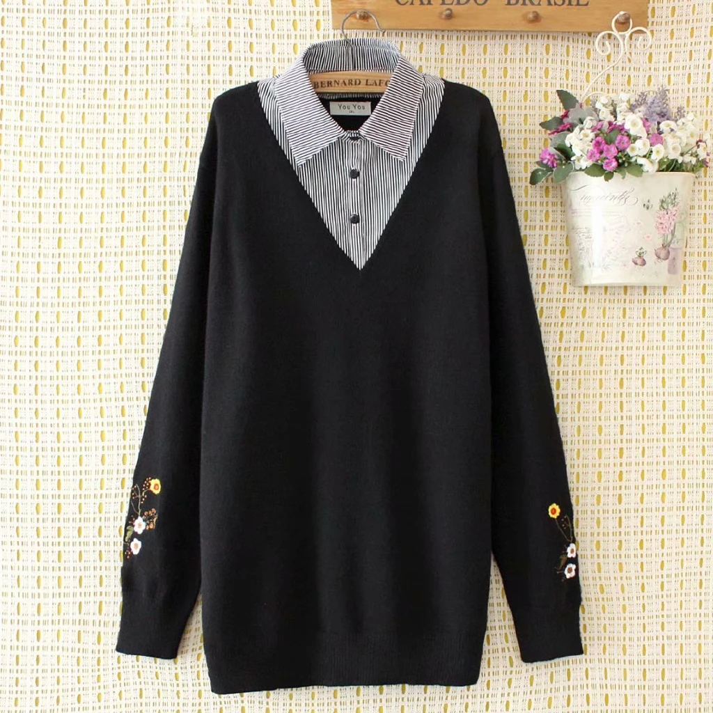 

Plus Size Women's False Two Pieces Sweaters Vintage Floral Embroidery Striped OL Outwear