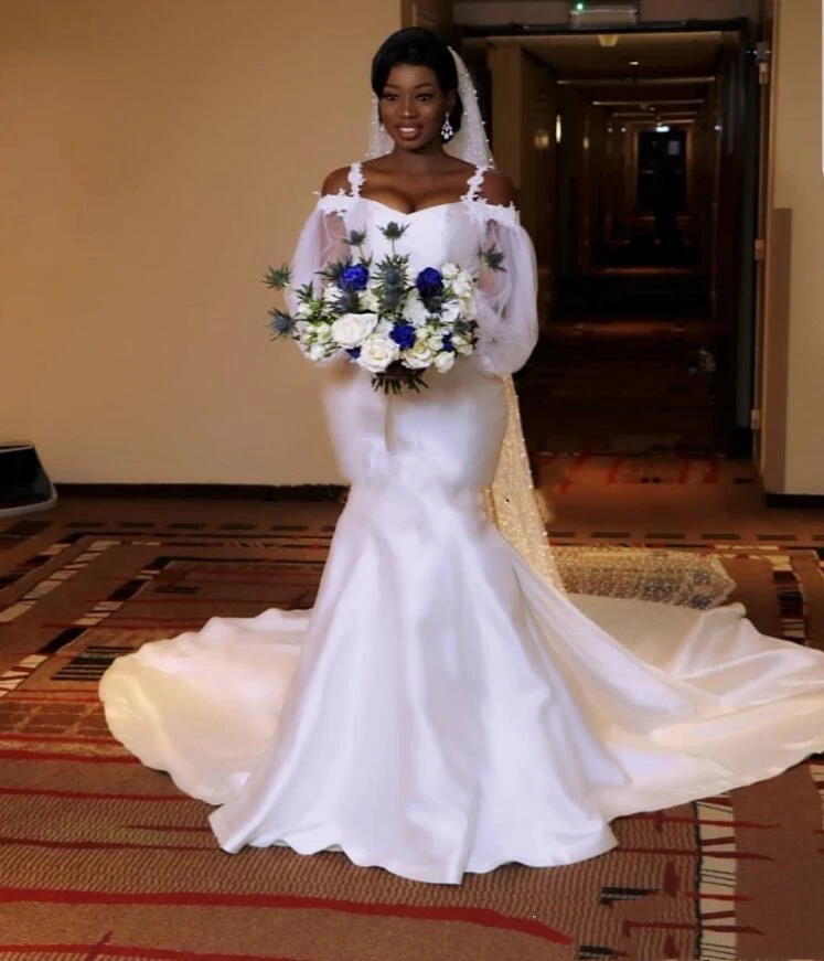 Yiminpwp White Mermaid Wedding Dresses Spaghetti Puff Sleeve Sweep Train Appliques Garden Bridal