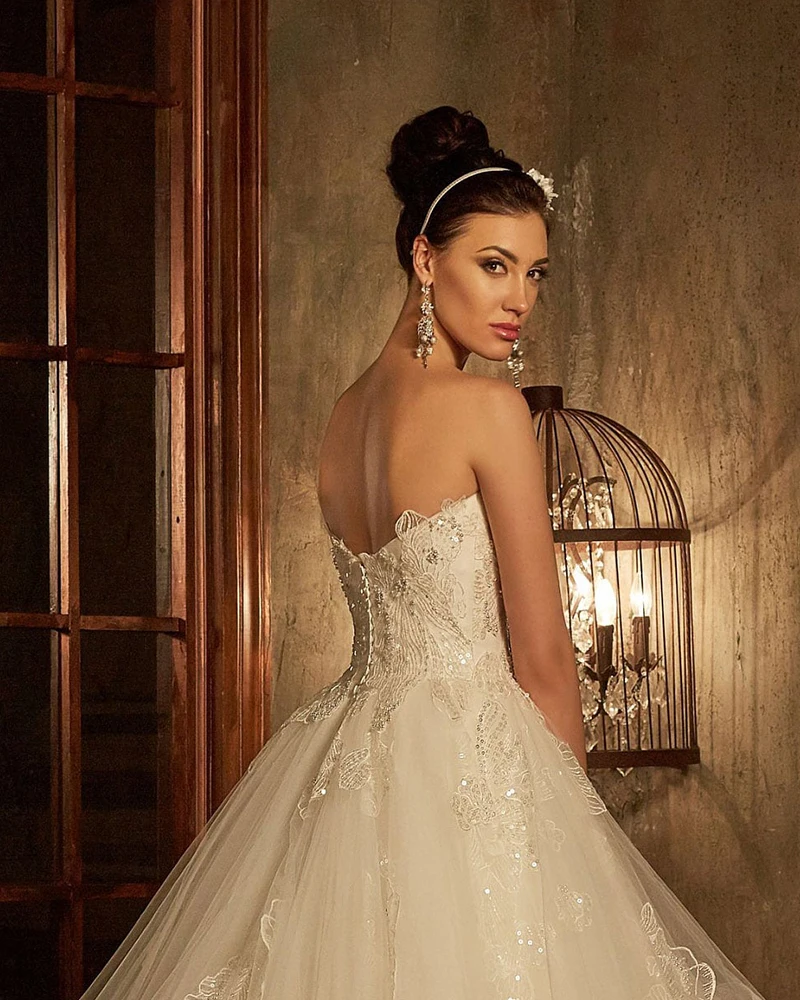 На заказ Принцесса А-силуэт свадебное платье Vestido Casamento Блестящий бисер Кристалл Блестящий Кружевной Тюль Свадебные платья Trouwjurken