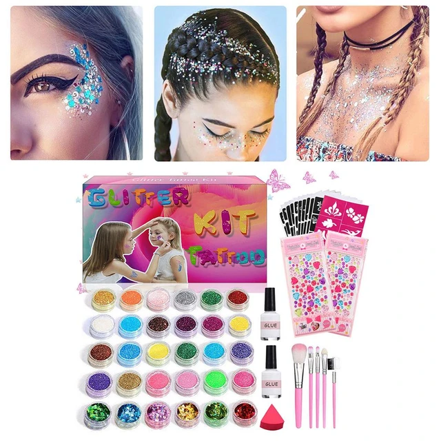 50 Glitter Colors Tattoo Kit With Stencil Glue Brush Makeup Body