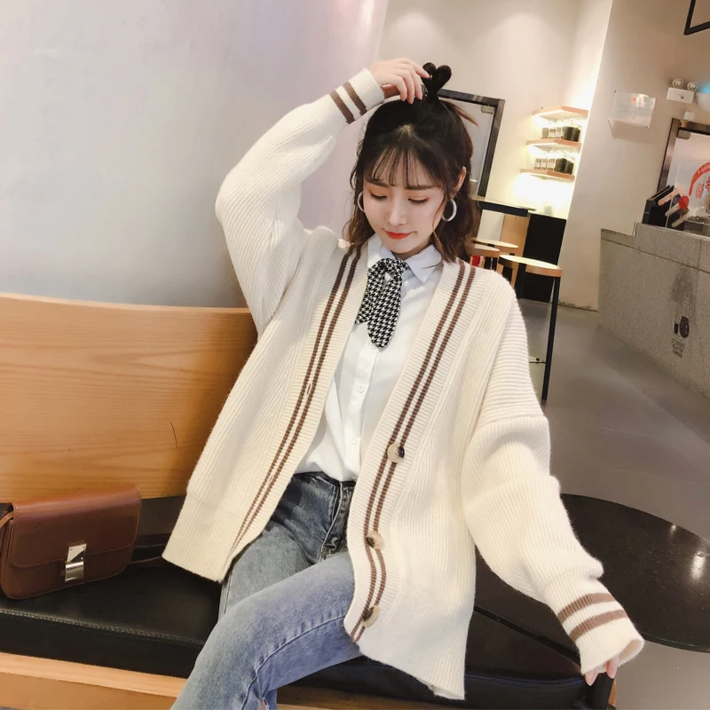 

2019 Autumn Winter Women Cardigan Sweater Noodles Knitwear College Style Loose White Button Cardigans Plus Size Girls Sweaters