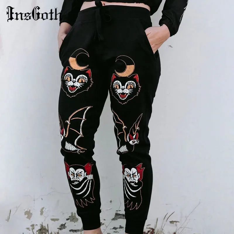 

InsGoth Streetwear High Waist Black Pants Harajuku Gothic Moon Print Bandage Sweatpants Women Punk Grunge Sport Harem Pants